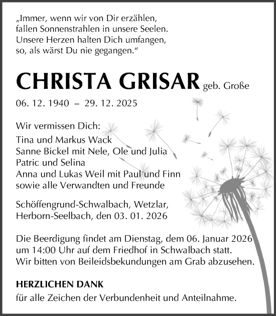 Traueranzeige von Christa Grisar von Dill Block