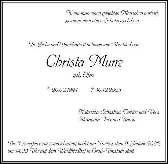 Traueranzeige von Christa Munz von Darmstädter Echo