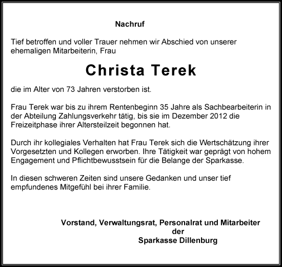 Traueranzeige von Christa Terek von Dill Block