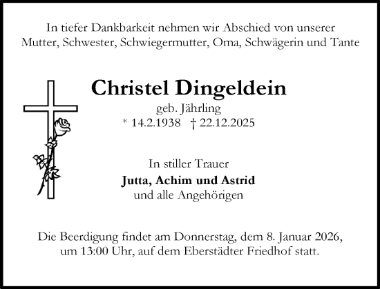 Traueranzeige von Christel Dingeldein von Odenwälder Echo