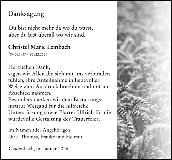 Traueranzeige von Christel Marie Leinbach von Hinterländer Anzeiger