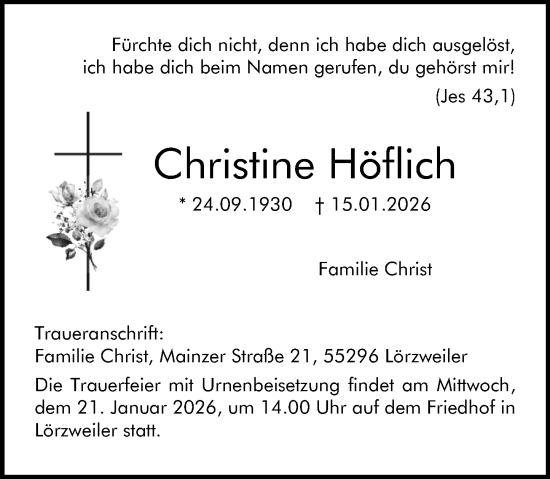 Traueranzeige von Christine Höflich von Allgemeine Zeitung Mainz