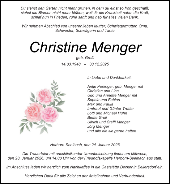 Traueranzeige von Christine Menger von Dill Block