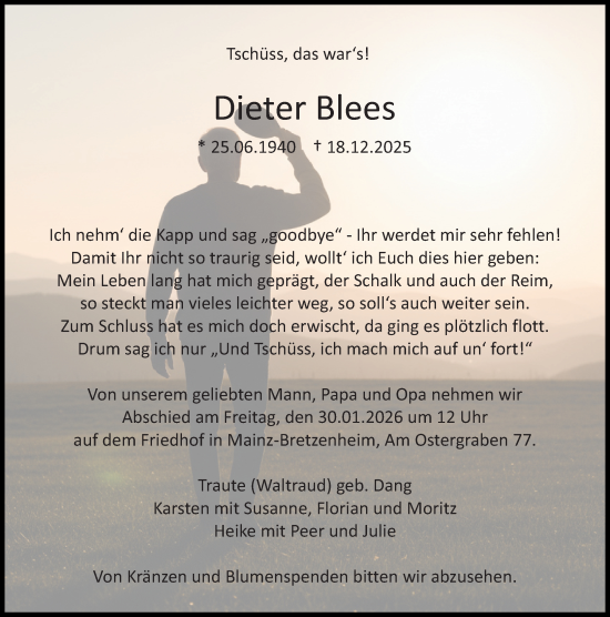 Traueranzeige von Dieter Blees von Allgemeine Zeitung Mainz