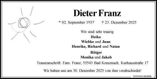 Traueranzeige von Dieter Franz von Allgemeine Zeitung Rheinhessen-Nahe
