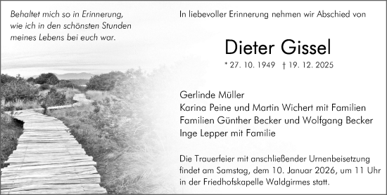 Traueranzeige von Dieter Gissel von Wetzlarer Neue Zeitung