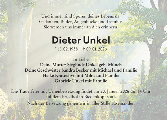 Traueranzeige von Dieter Unkel von Hinterländer Anzeiger