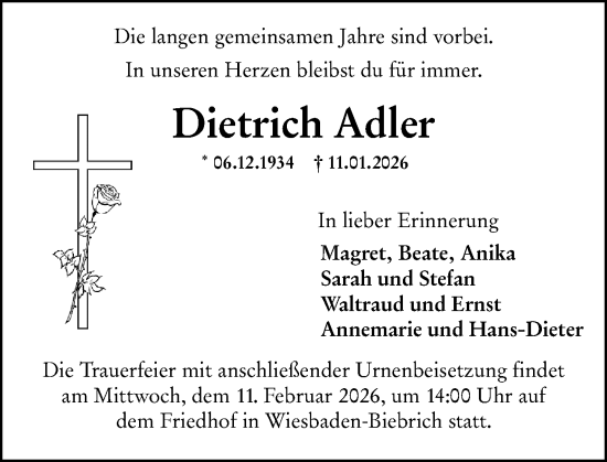 Traueranzeige von Dietrich Adler von Wiesbadener Kurier