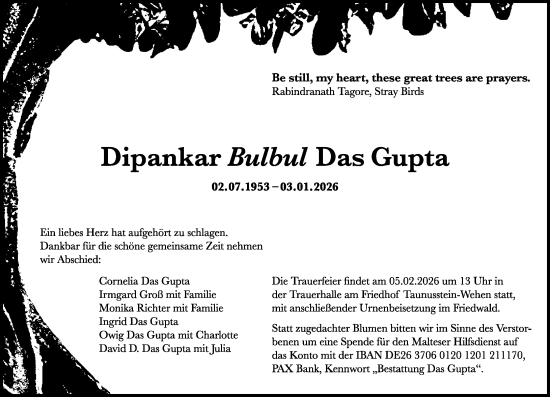 Traueranzeige von Dipankar Bulbul Das Gupta von Wiesbadener Kurier