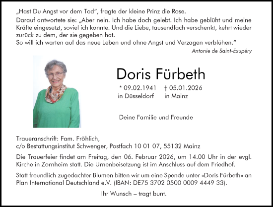 Traueranzeige von Doris Fürbeth von Allgemeine Zeitung Mainz