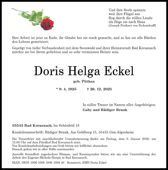 Traueranzeige von Doris Helga Eckel von Allgemeine Zeitung Rheinhessen-Nahe