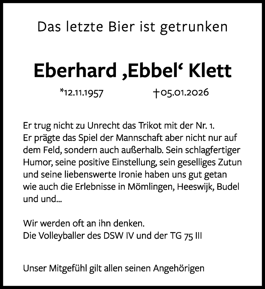  Traueranzeige für Eberhard Klett vom 17.01.2026 aus Darmstädter Echo