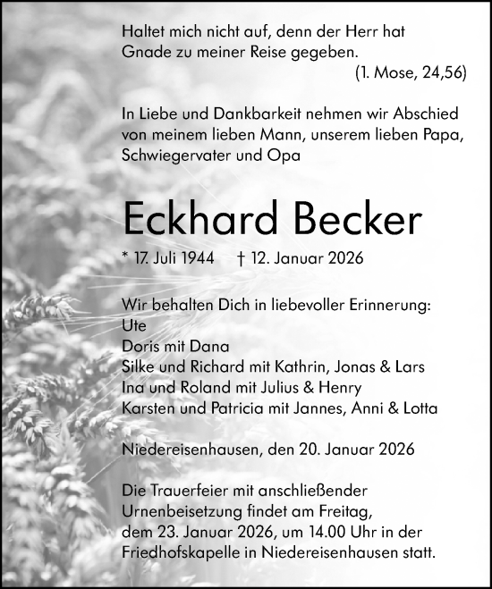 Traueranzeige von Eckhard Becker von Hinterländer Anzeiger