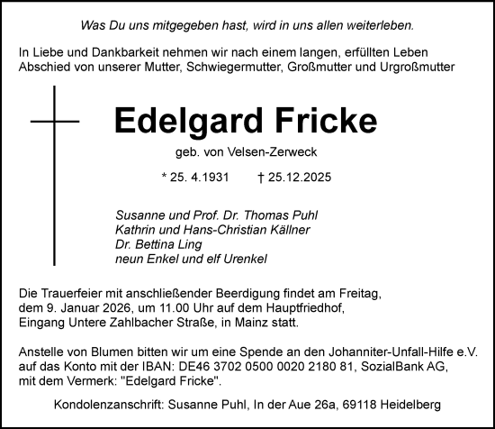 Traueranzeige von Edelgard Fricke von Allgemeine Zeitung Mainz