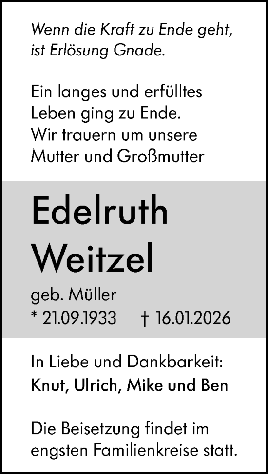Traueranzeige von Edelruth Weitzel von Dill Block