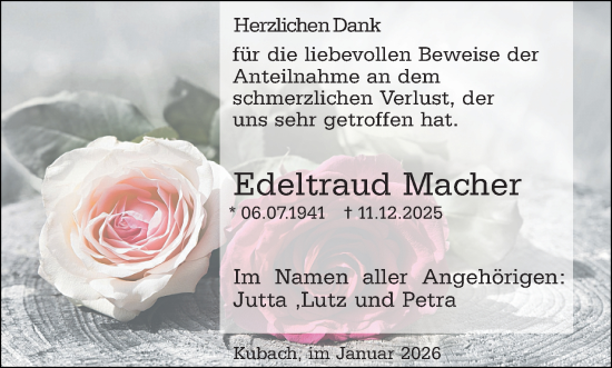 Traueranzeige von Edeltraud Macher von Weilburger Tageblatt