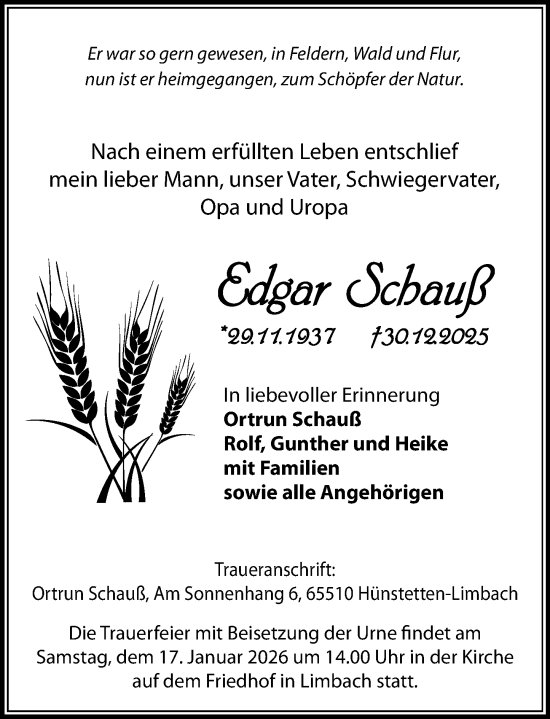Traueranzeige von Edgar Schauß von Idsteiner Land/Untertaunus