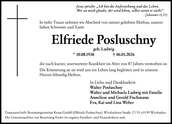 Traueranzeige von Elfriede Posluschny von Wiesbadener Kurier