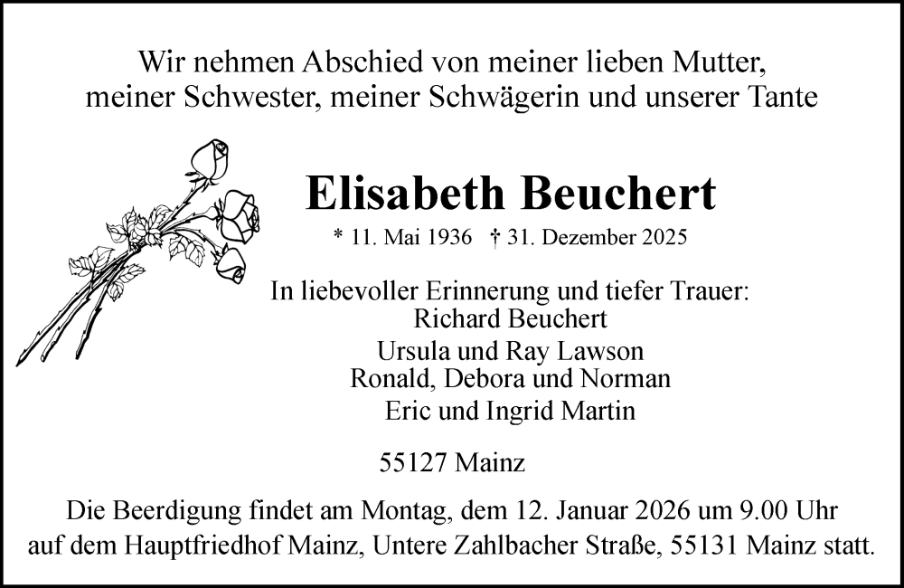 Traueranzeige für Elisabeth Beuchert vom 10.01.2026 aus Allgemeine Zeitung Mainz