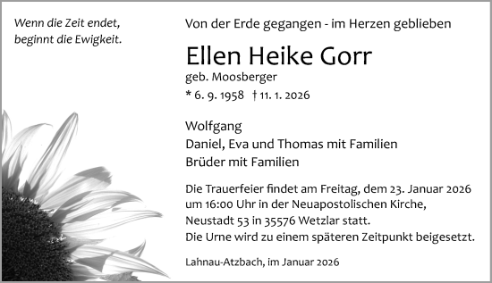Traueranzeige von Ellen Heike Gorr von Wetzlarer Neue Zeitung