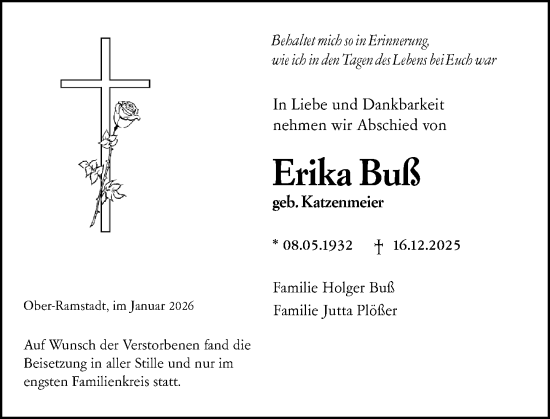 Traueranzeige von Erika Buß von Darmstädter Echo