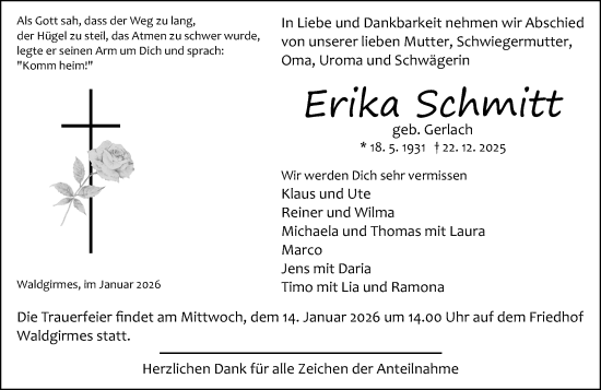 Traueranzeige von Erika Schmitt von Wetzlarer Neue Zeitung