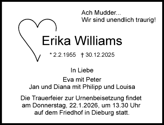 Traueranzeige von Erika Williams von Dieburger Anzeiger/Groß-Zimmerner Lokal-Anzeiger