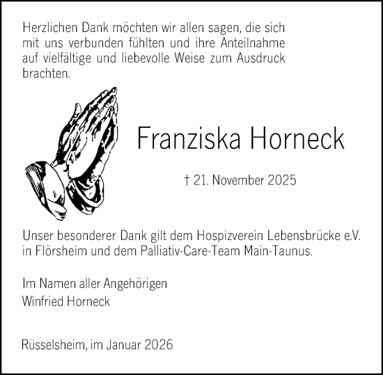 Traueranzeige von Franziska Horneck von Rüsselsheimer Echo