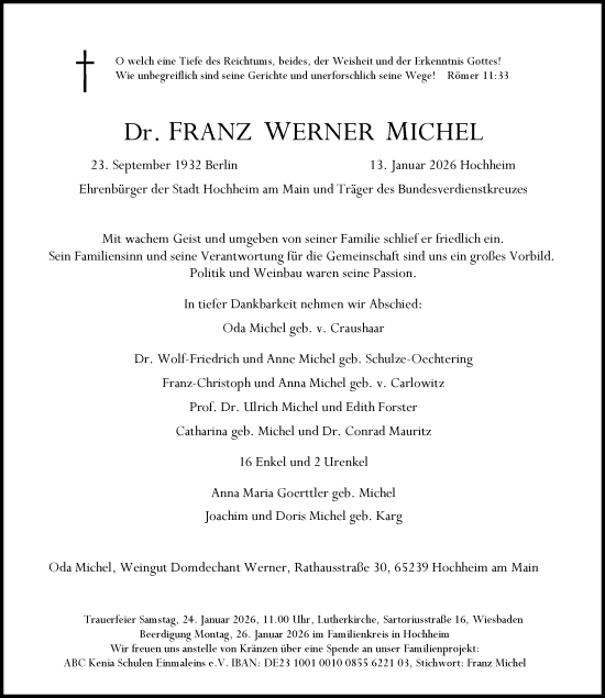 Traueranzeige von Franz Werner Michel von Hochheimer Zeitung