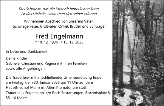 Traueranzeige von Fred Engelmann von Allgemeine Zeitung Mainz