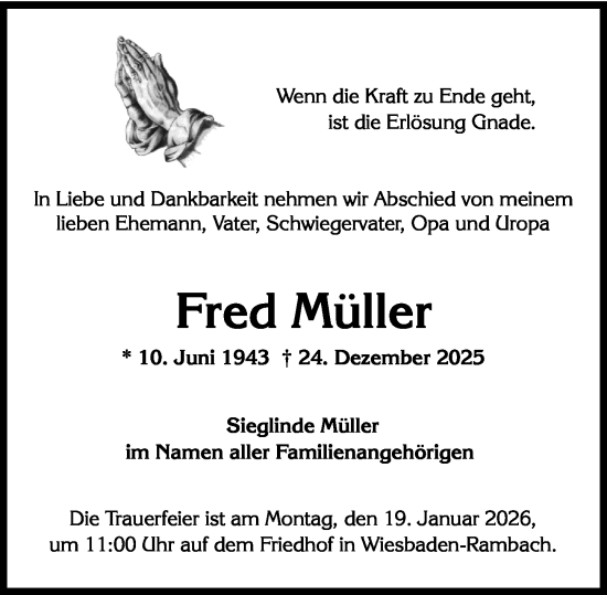Traueranzeige von Fred Müller von Wiesbadener Kurier