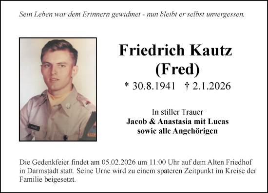 Traueranzeige von Friedrich Kautz von Darmstädter Echo