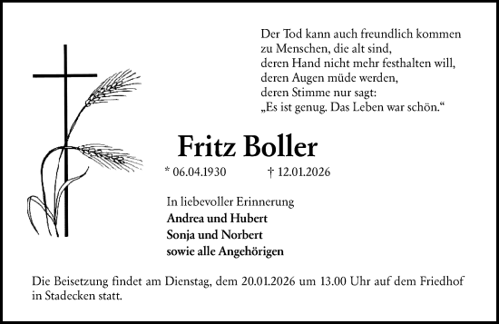 Traueranzeige von Fritz Boller von Allgemeine Zeitung Mainz