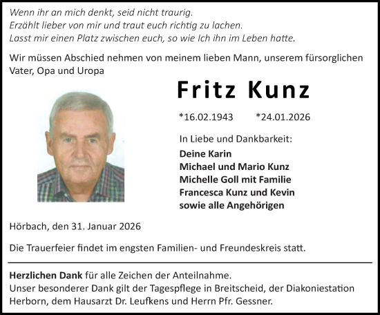 Traueranzeige von Fritz Kunz von Dill Block