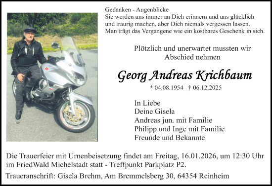 Traueranzeige von Georg Andreas Krichbaum von Odenwälder Echo