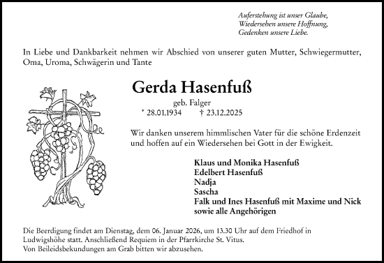 Traueranzeige von Gerda Hasenfuß von Allgemeine Zeitung Mainz