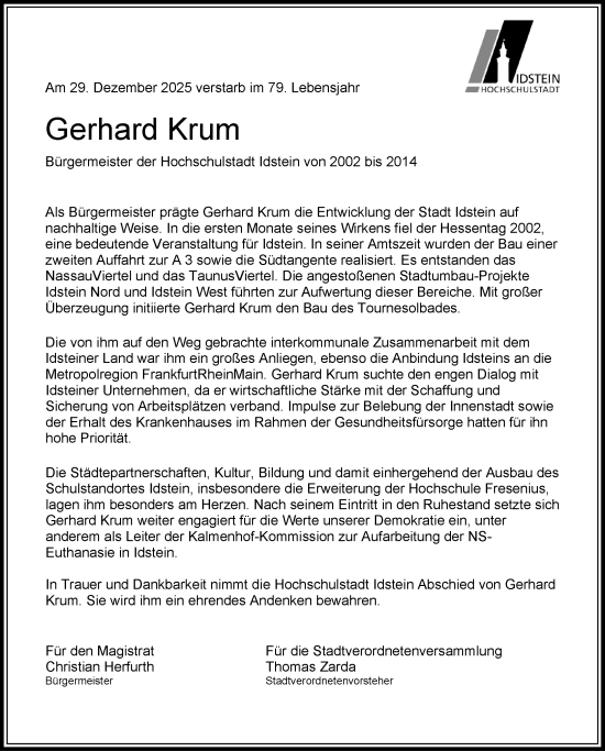 Traueranzeige von Gerhard Krum von Idsteiner Land/Untertaunus