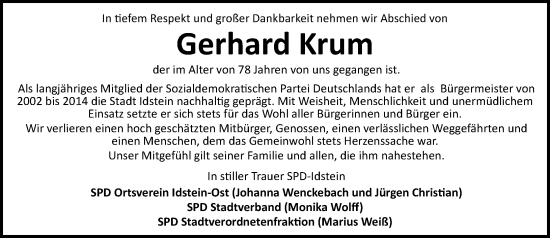 Traueranzeige von Gerhard Krum von Wiesbadener Kurier