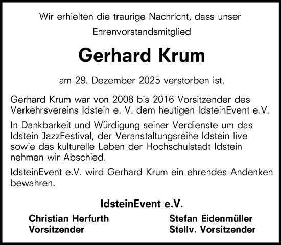 Traueranzeige von Gerhard Krum von Idsteiner Land/Untertaunus