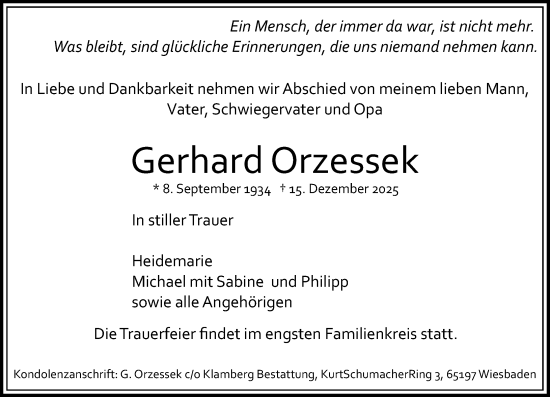 Traueranzeige von Gerhard Orzessek von Wiesbadener Kurier