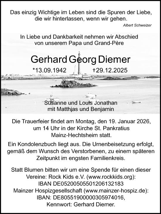 Traueranzeige von Gerhard Georg Diemer von Allgemeine Zeitung Mainz