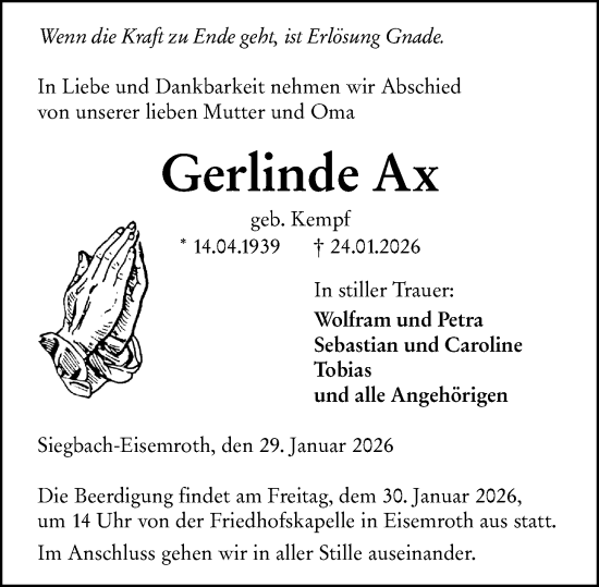Traueranzeige von Gerlinde Ax von Dill Block