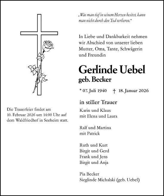 Traueranzeige von Gerlinde Uebel von Darmstädter Echo