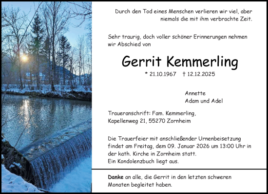Traueranzeige von Gerrit Kemmerling von Allgemeine Zeitung Mainz