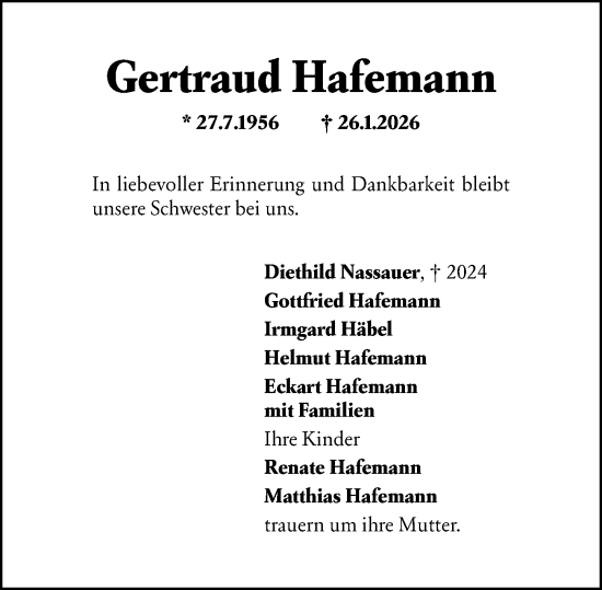 Traueranzeige von Gertraud Hafemann von Allgemeine Zeitung Mainz