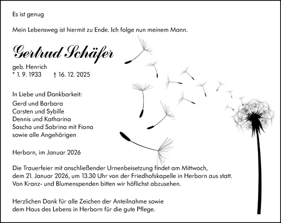 Traueranzeige von Gertrud Schäfer von Dill Block