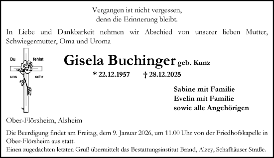 Traueranzeige von Gisela Buchinger von Allgemeine Zeitung Alzey