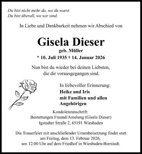 Traueranzeige von Gisela Dieser von Wiesbadener Kurier