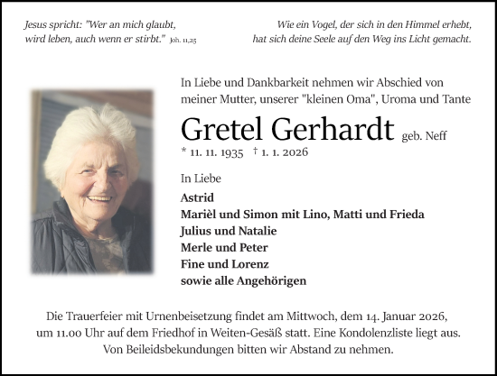 Traueranzeige von Gretel Gerhardt von Odenwälder Echo