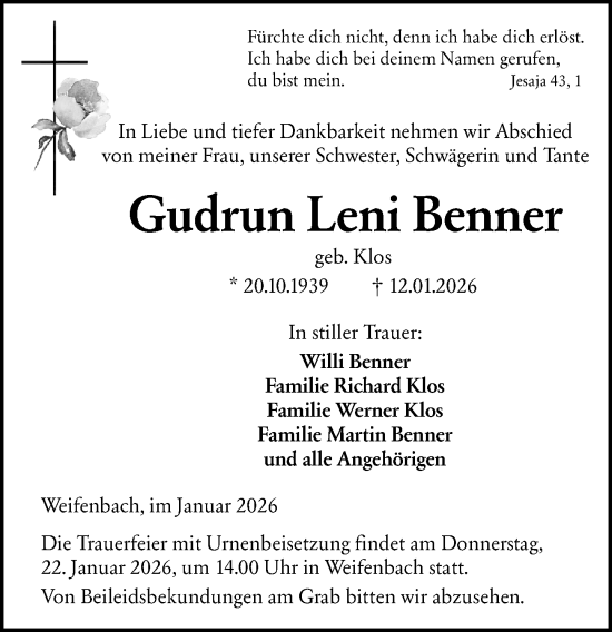 Traueranzeige von Gudrun Leni Benner von Hinterländer Anzeiger